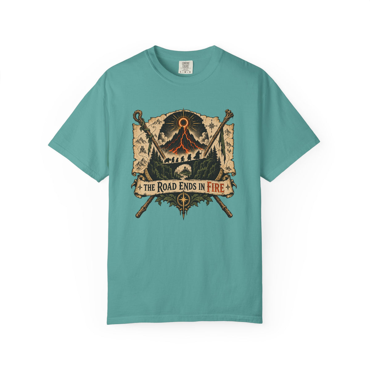 The Road Ends in Fire T-Shirt — Vintage Volcano Adventure Graphic Tee