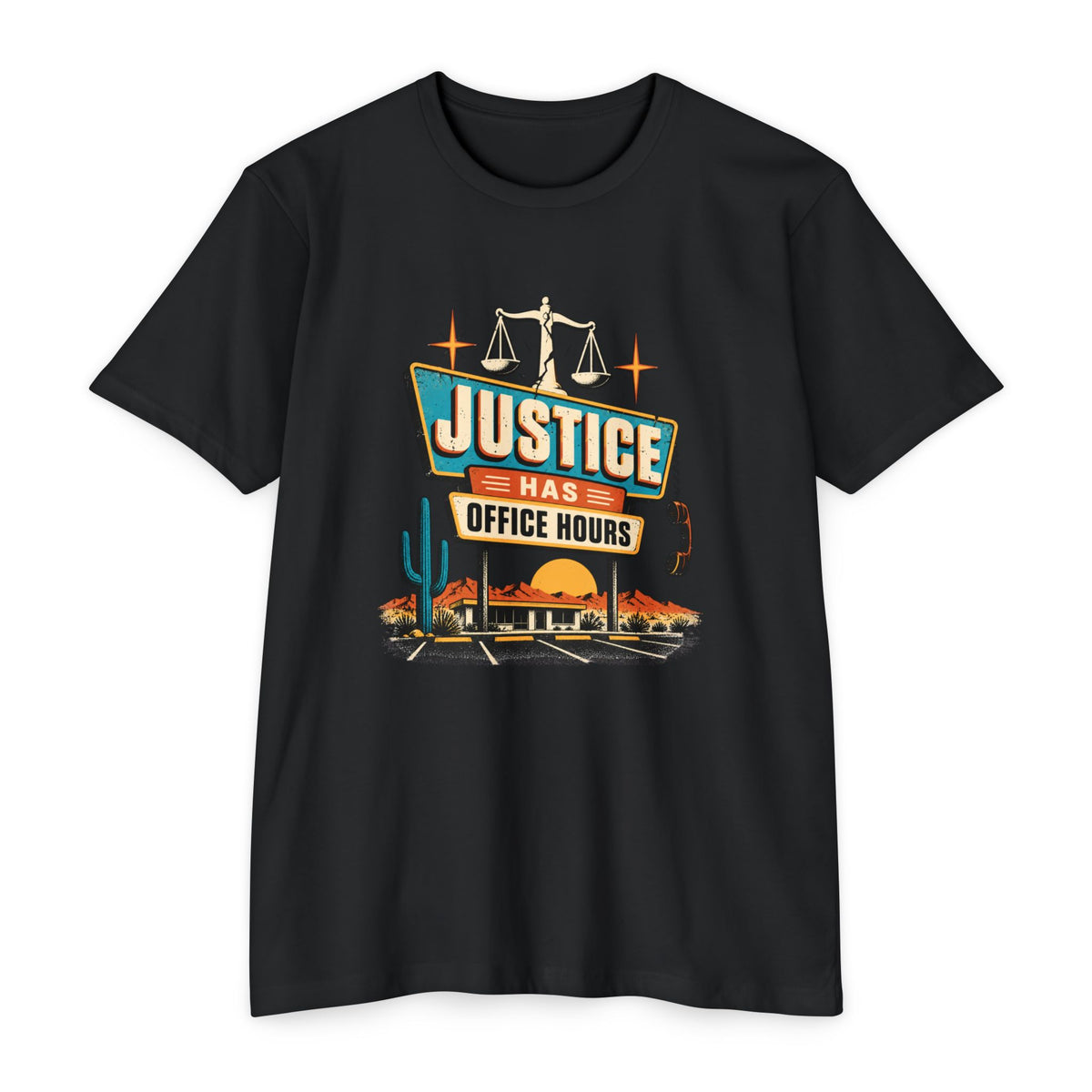 Justice Has Office Hours T-Shirt — Retro Legal Scales Tee