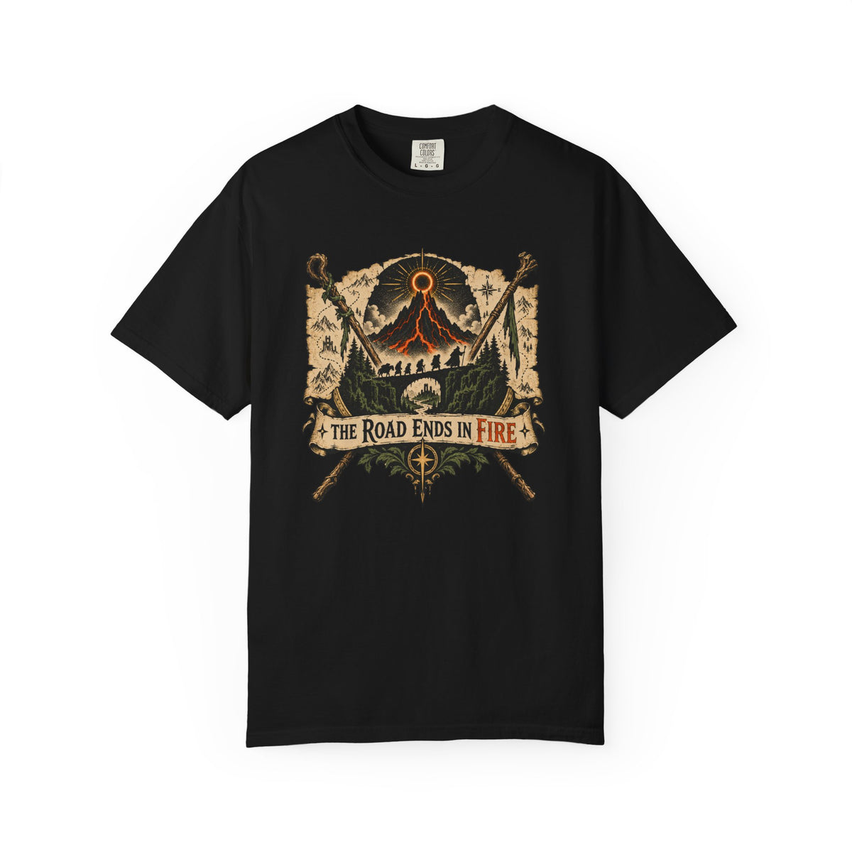 The Road Ends in Fire T-Shirt — Vintage Volcano Adventure Graphic Tee