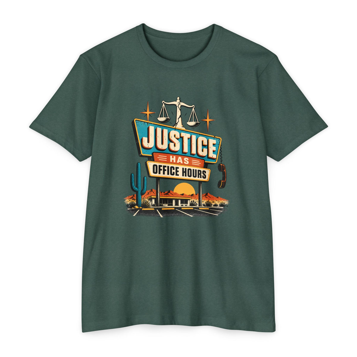 Justice Has Office Hours T-Shirt — Retro Legal Scales Tee