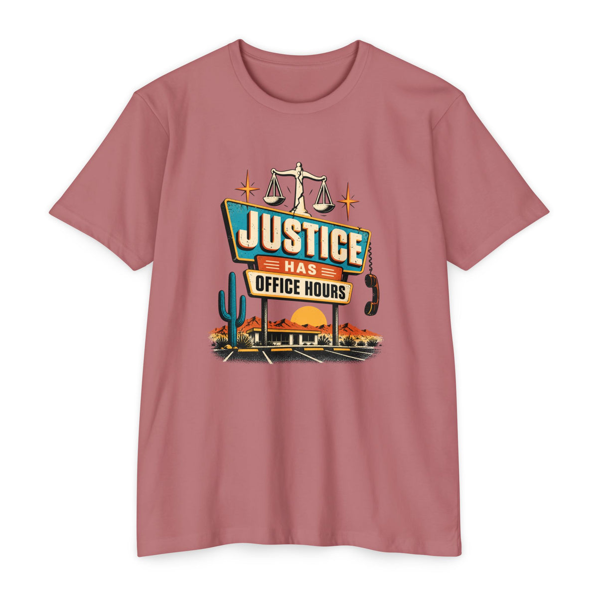 Justice Has Office Hours T-Shirt — Retro Legal Scales Tee