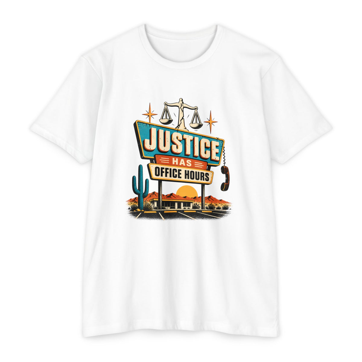 Justice Has Office Hours T-Shirt — Retro Legal Scales Tee