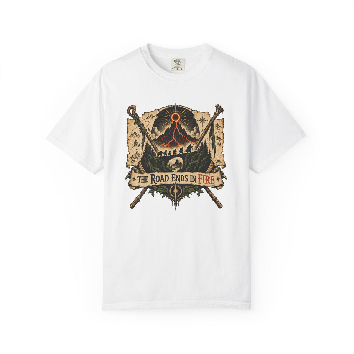The Road Ends in Fire T-Shirt — Vintage Volcano Adventure Graphic Tee