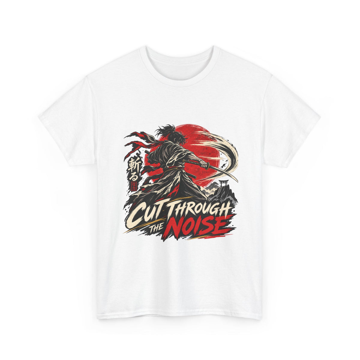 Samurai Graphic Tee — "Cut Through the Noise" Vintage Japanese Sun Design