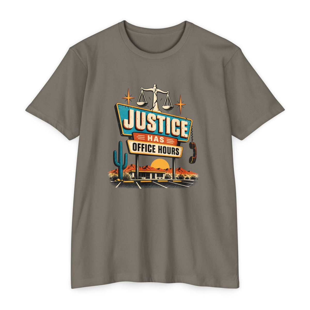 Justice Has Office Hours T-Shirt — Retro Legal Scales Tee