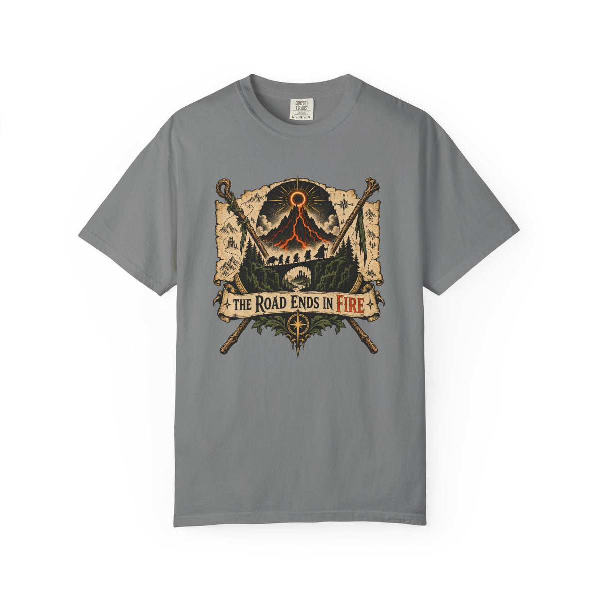 The Road Ends in Fire T-Shirt — Vintage Volcano Adventure Graphic Tee