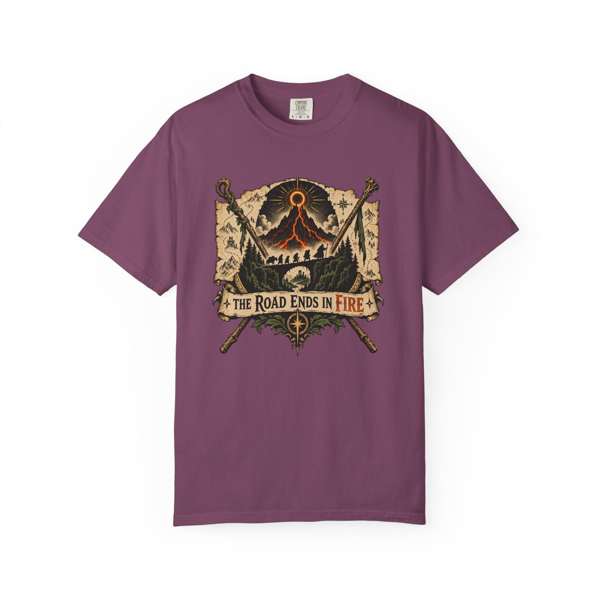 The Road Ends in Fire T-Shirt — Vintage Volcano Adventure Graphic Tee