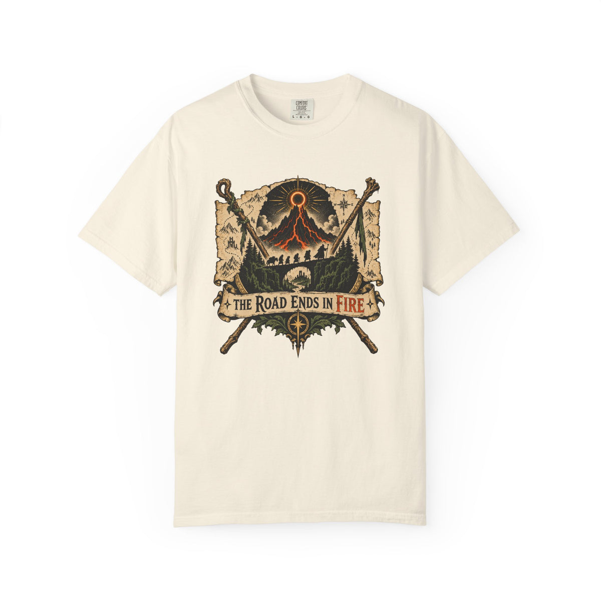 The Road Ends in Fire T-Shirt — Vintage Volcano Adventure Graphic Tee