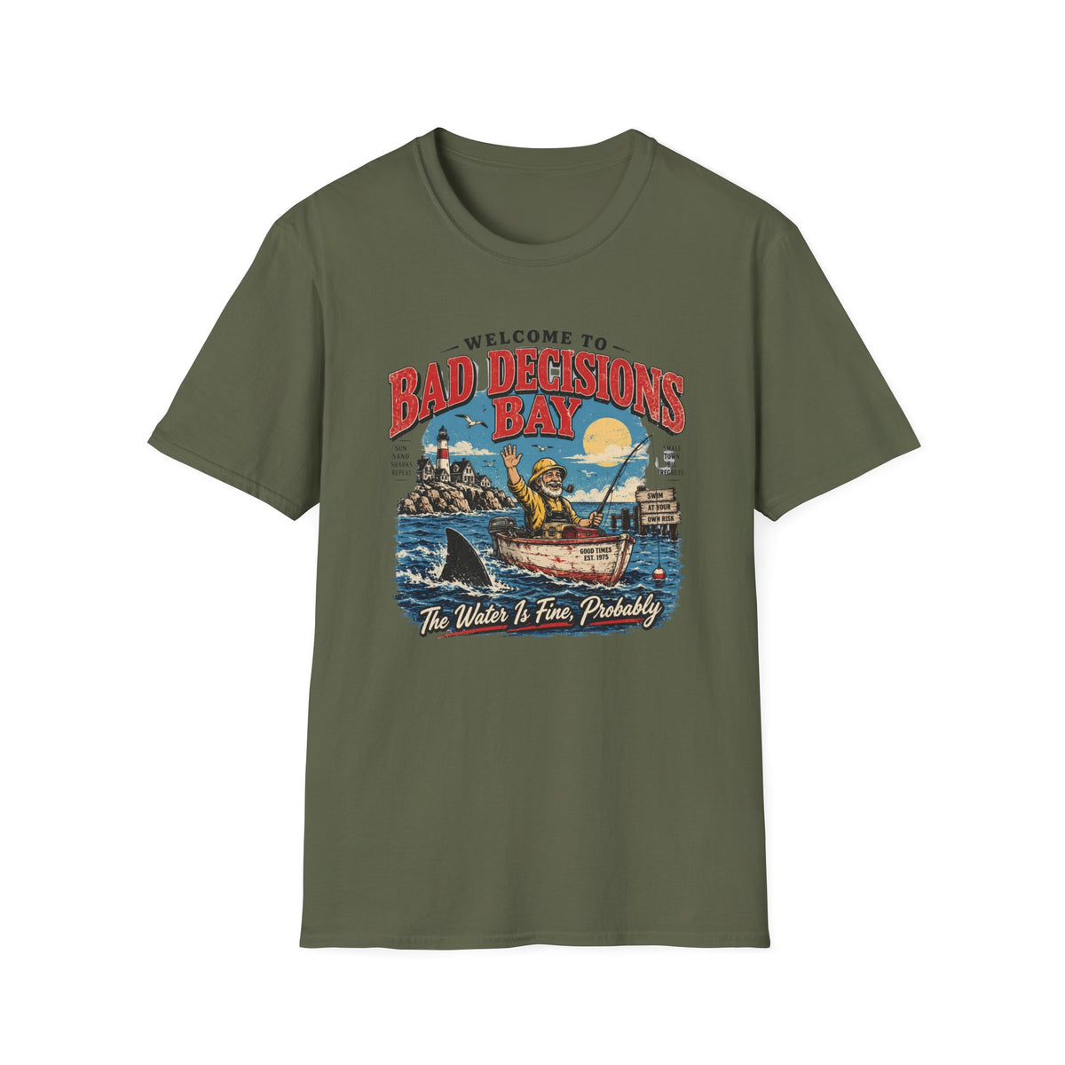 Bad Decisions Bay T-Shirt — Vintage Fishing Graphic Tee (“Welcome to Bad Decisions Bay”)