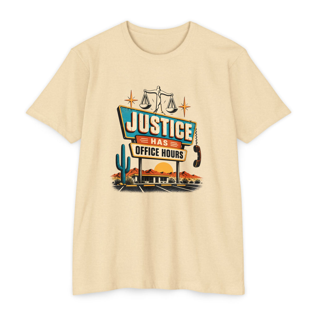 Justice Has Office Hours T-Shirt — Retro Legal Scales Tee