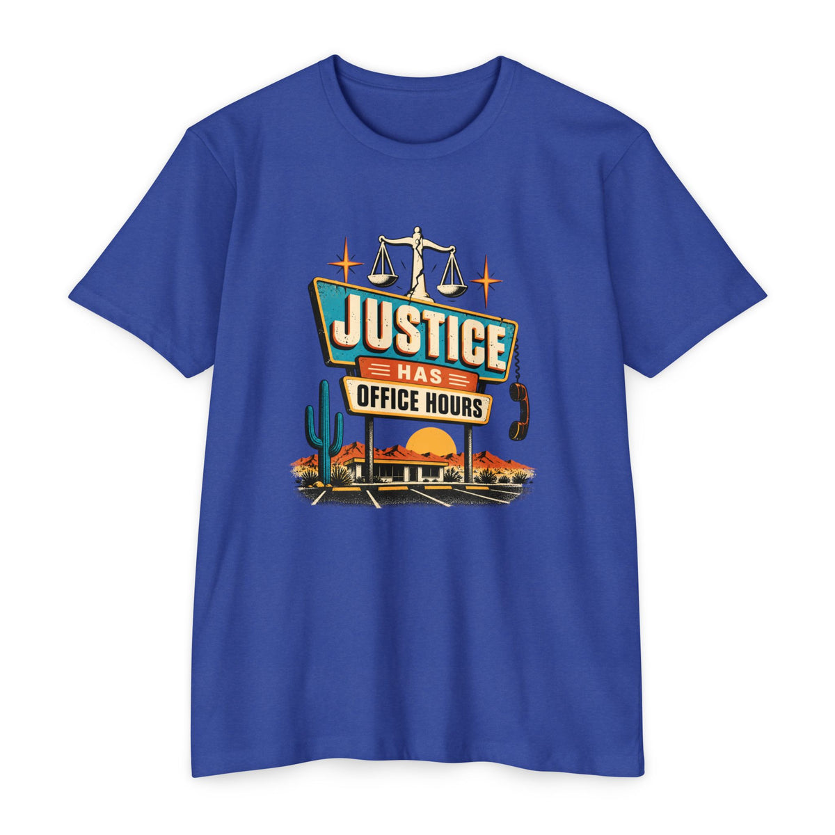 Justice Has Office Hours T-Shirt — Retro Legal Scales Tee